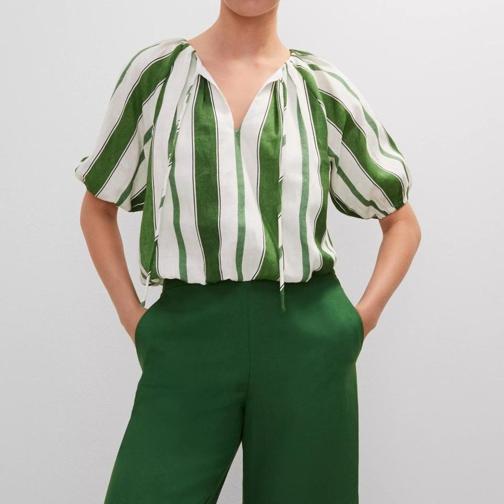 Ann Taylor Green White Striped Linen Puff Sleeve Tie Neck‎ Blouse Top Small